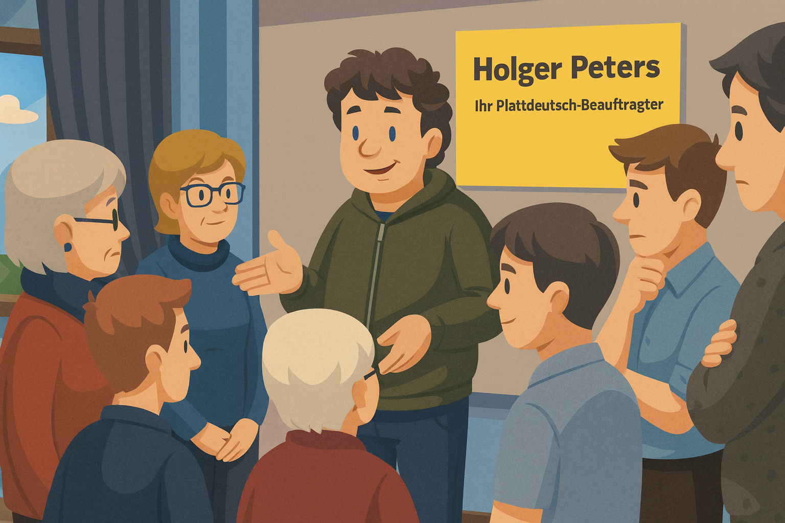 Illustration: Holger Peters im Dialog mit einer Gruppe von Menschen über Plattdeutsch in Uplengen – Austausch zur Sprache und Kultur
