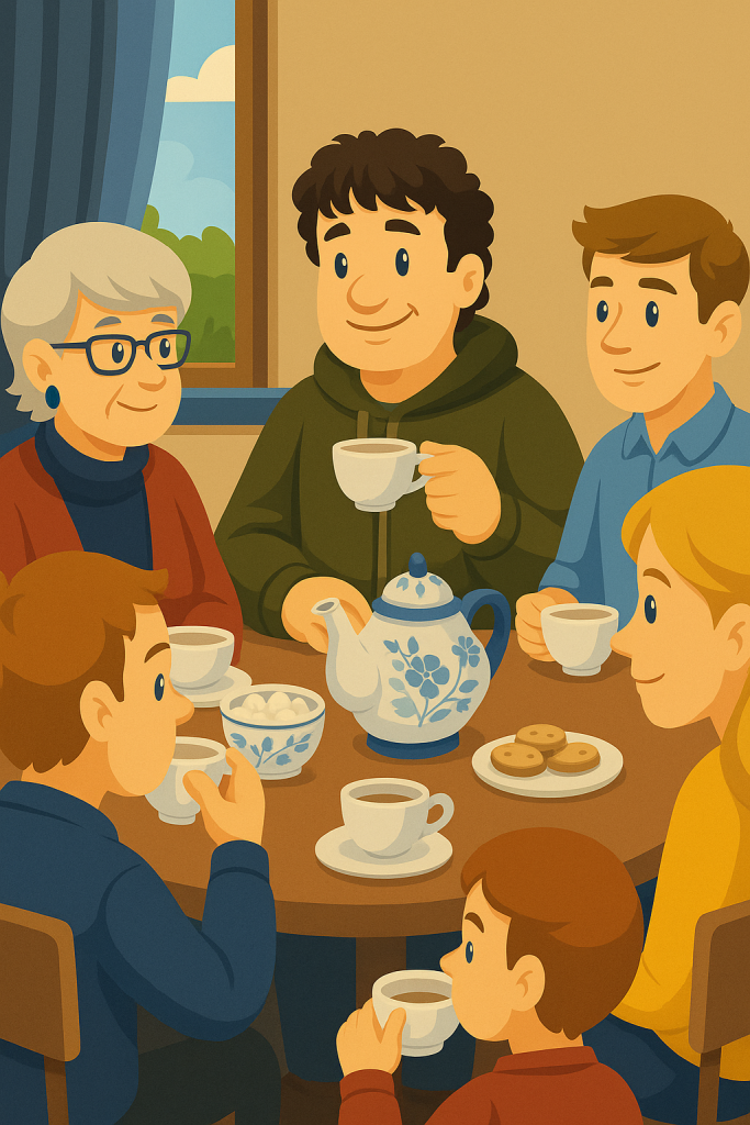 Illustration: Holger Peters nimmt an einer ostfriesischen Teezeremonie in Uplengen teil – traditionelle Teekultur mit Familie und Plattdeutsch-Bezug.“